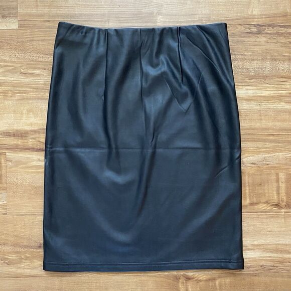 LOFT NWT M Black Vegan Leather Pull On Mini Pencil Skirt Gothic Office Siren - Picture 4 of 13